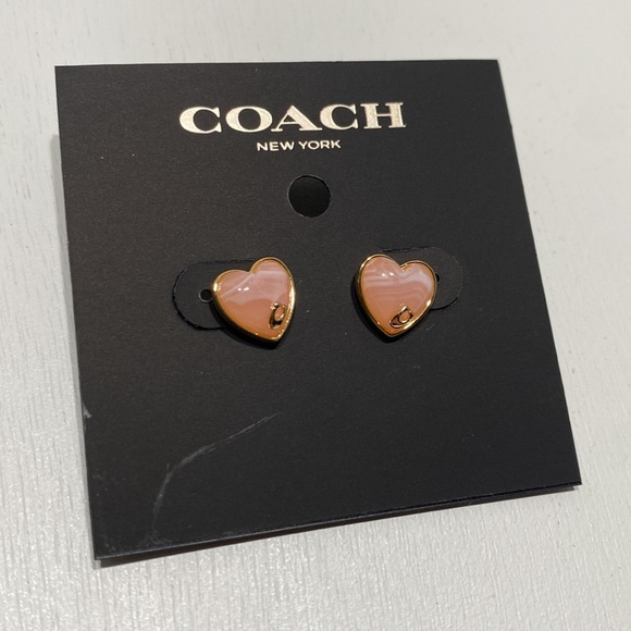 Coach Signature Heart Stud Earrings Sweet Baby Pink 14k Gold Plated Stud Post - Picture 3 of 5